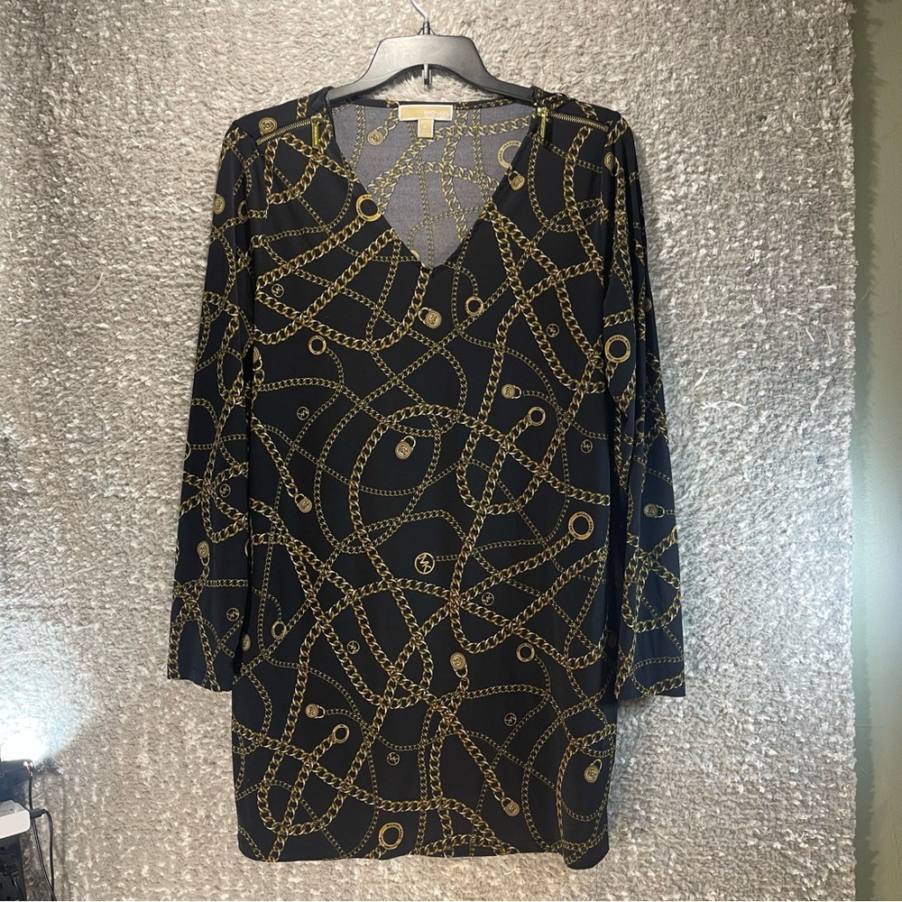 Michael Michael Kors Gold Chain Print Black Dress Log Sleeve XL Preppy